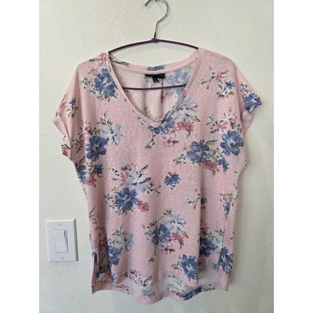Bobeau Pink Blue Floral Lightweight ShortSleeve Top Sz M Euro Summer Cottagecore